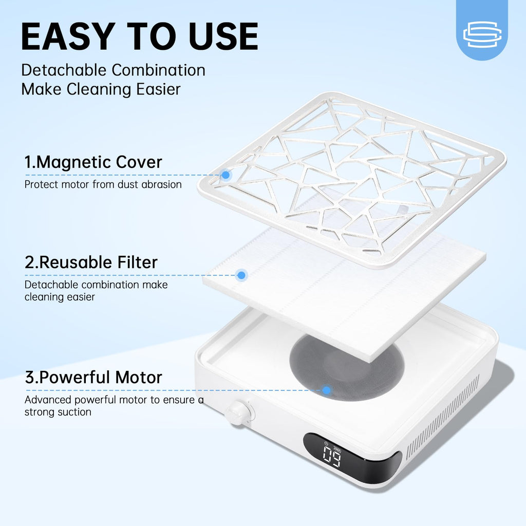 CHRISTINE SHELLY Nail Dust Collector, Powerful Vacuum Fan Vent Dust Collector Extractor Dust Suction Machine for Acrylic Nails Polishing, Nail Salon&Home, White