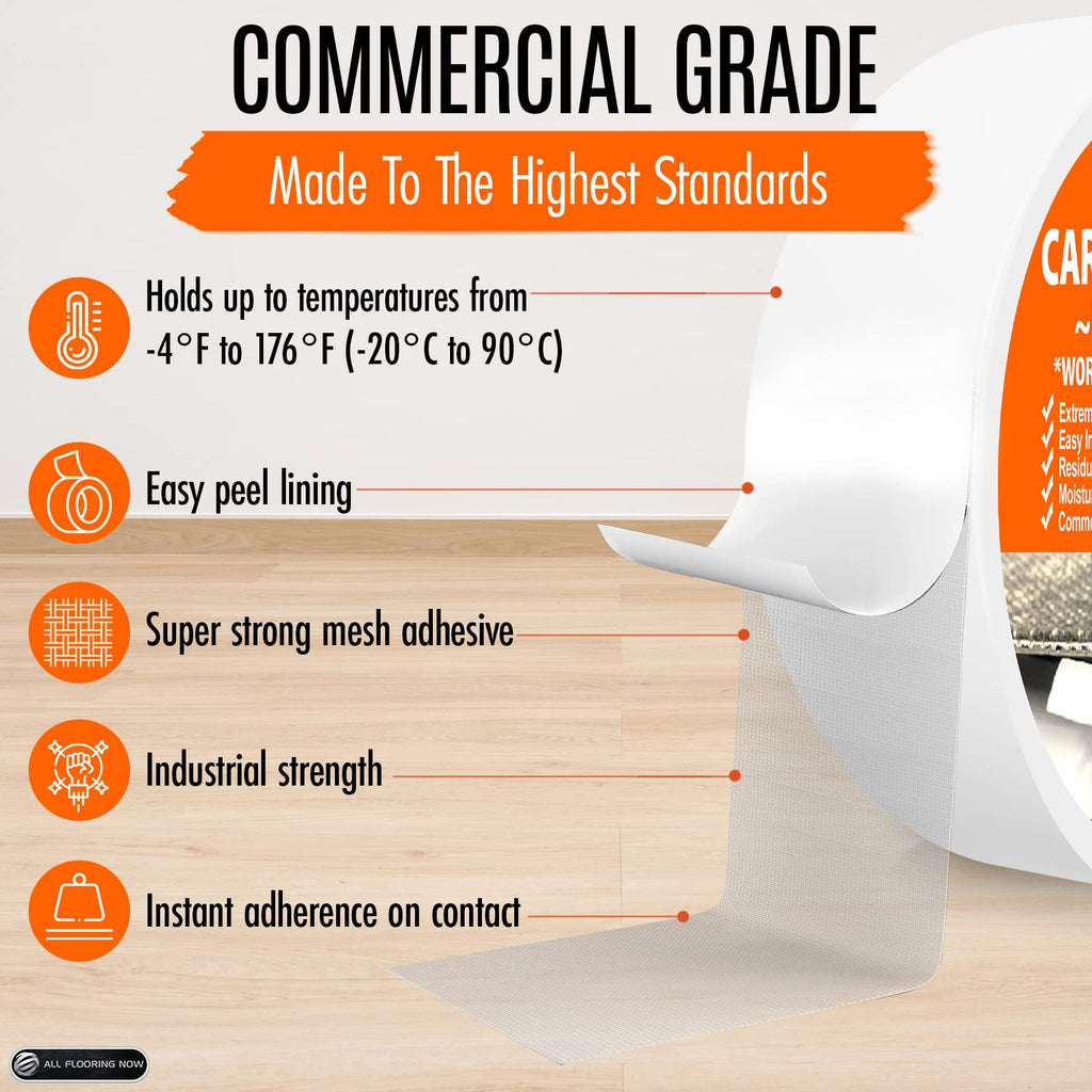 All Flooring Now Carpet Tile Tape Double Sided 2in x 90ft (Bulk 6 Pack) Heavy Duty Reinforced Web Mesh Residue Free Indoor Outdoor for Carpet Tiles, Hardwood, Vinyl, Rugs, Carpet, Rubber & Mat Gripper