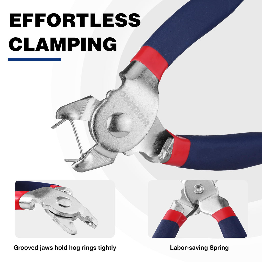 WORKPRO Bent Hog Ring Pliers with 500 Pcs 3/4" Hog Rings, Galvanized Steel Hog Rings Perfect for Furniture Upholstery, Auto Upholstery, Plastic Meat & Sausage Casings