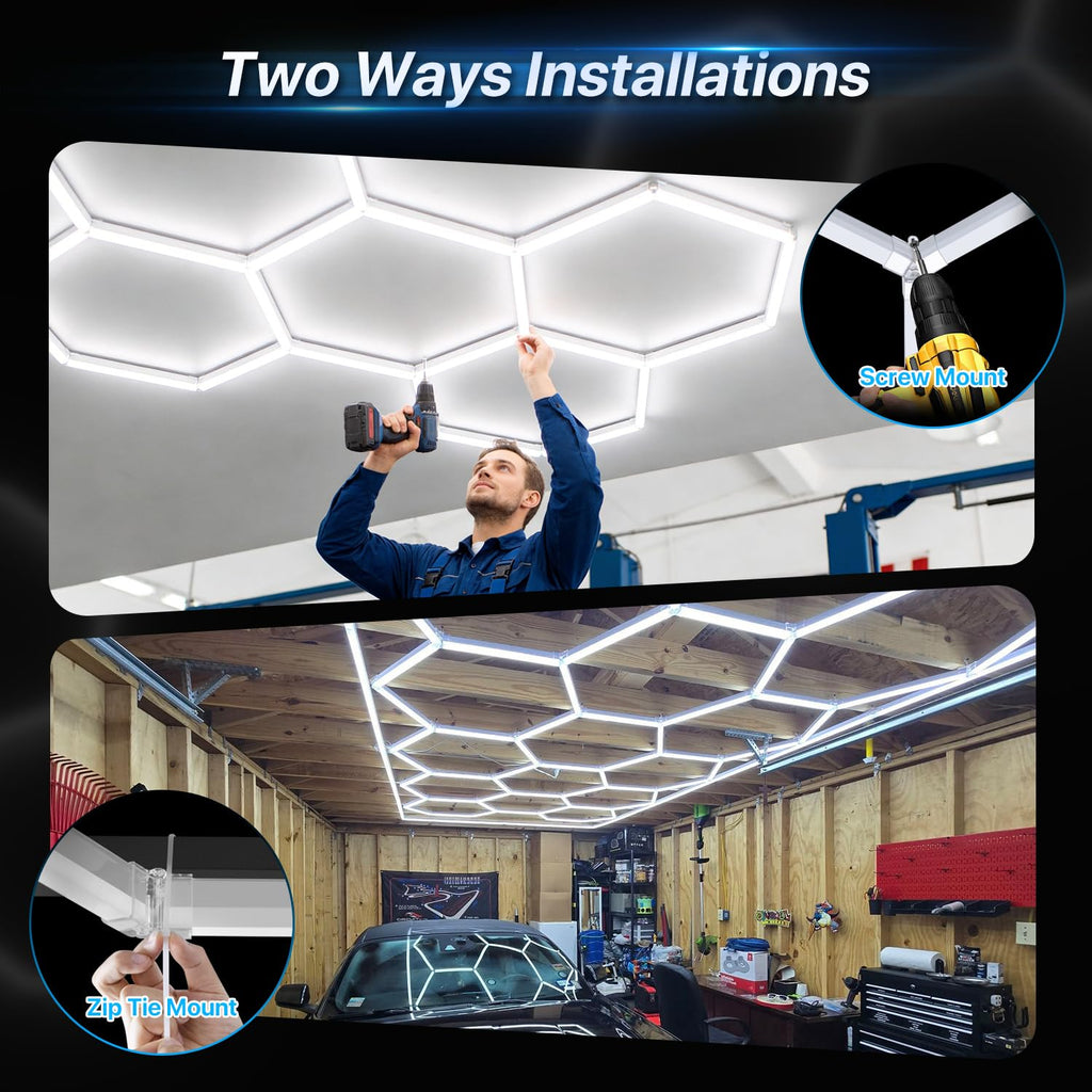 HYPERLITE Gen II Hexagon Garage Lights: 399W 39900LM 14 Grids Hexagon Led Light, 6500K Ultra Bright Honeycomb Hex Lights, Easy Install, Durable Design for Garage, Car Detailing, Workshops, Shops, Gym