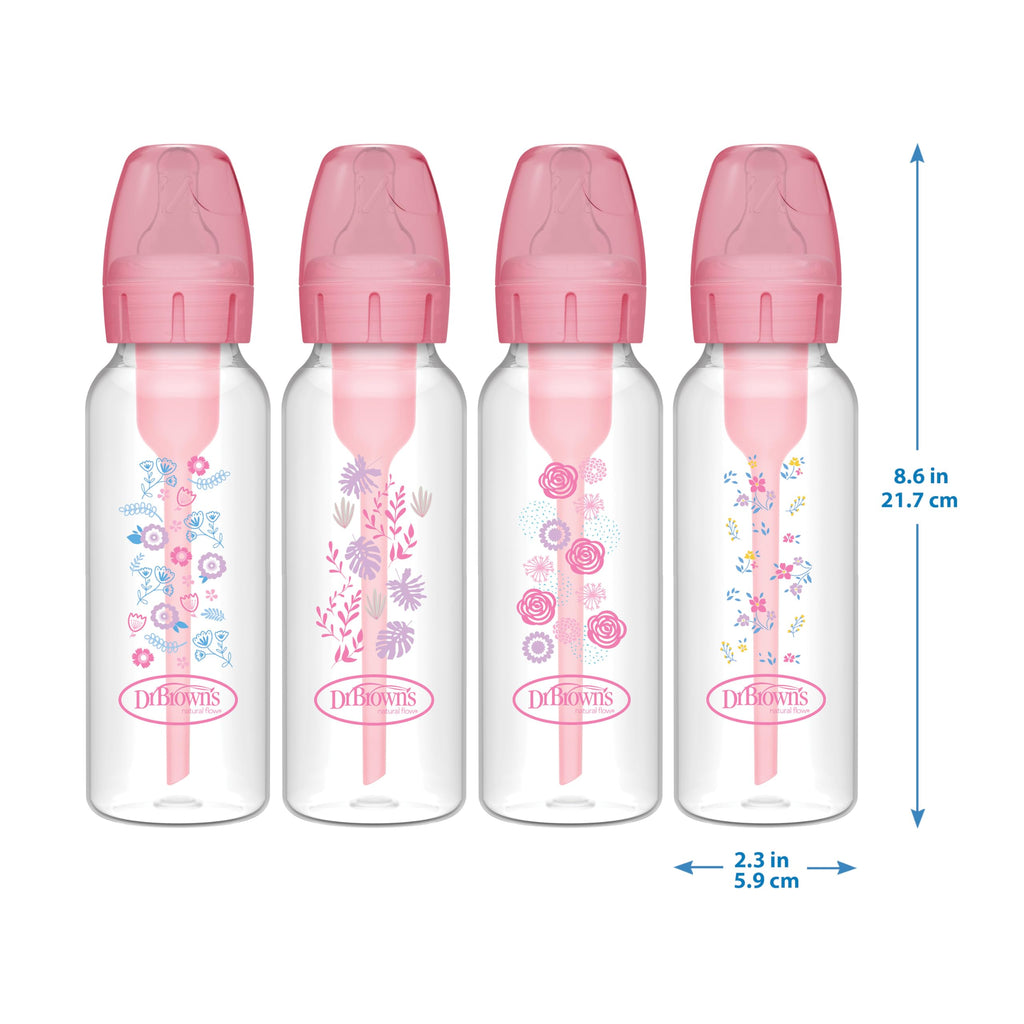 Dr. Brown's Anti-Colic Options+ Narrow Baby Bottle, Floral, 8 oz, 4-Pack
