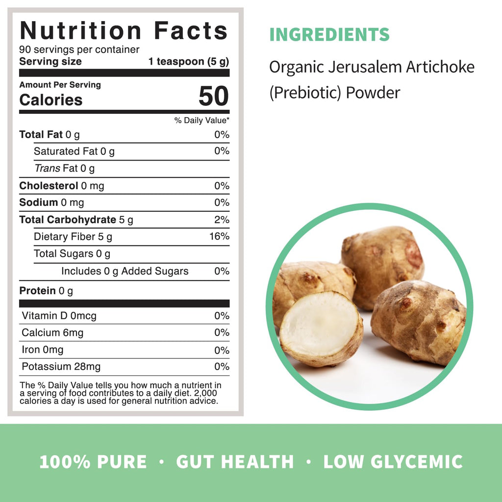 Organic Inulin with FOS Prebiotic Powder, Soluble Fiber for Leaky Gut, Bloating, Digestion, Feed Friendly Bacteria (Probiotics), 1 Scoop Daily, 1 lb (90 Servings)