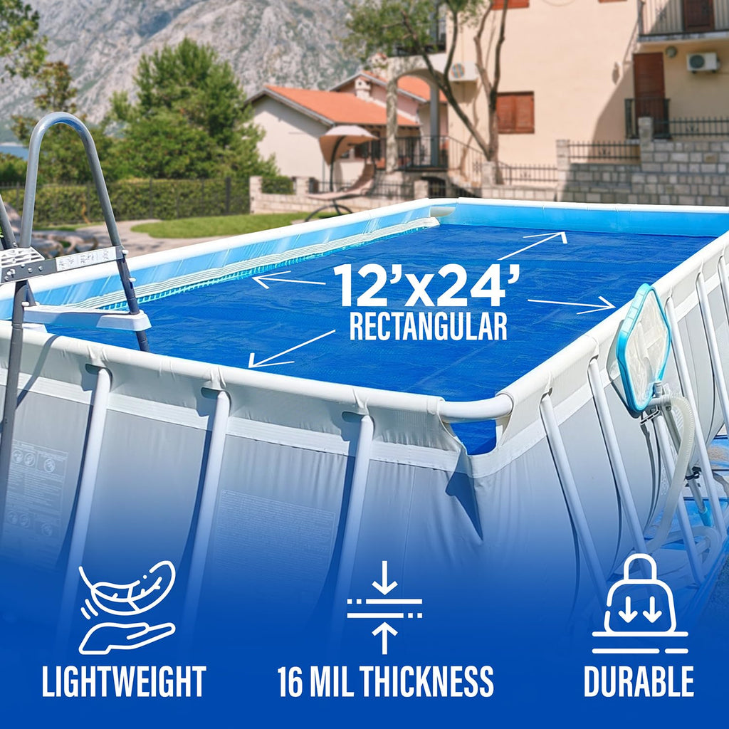 Shop Square 12 x 24 Foot Rectangle Solar Pool Cover for Inground and Above Ground Pools, 16 Mil - Premium Heavy Duty Solar Blanket for Above Ground Pool, Blue - Made in USA