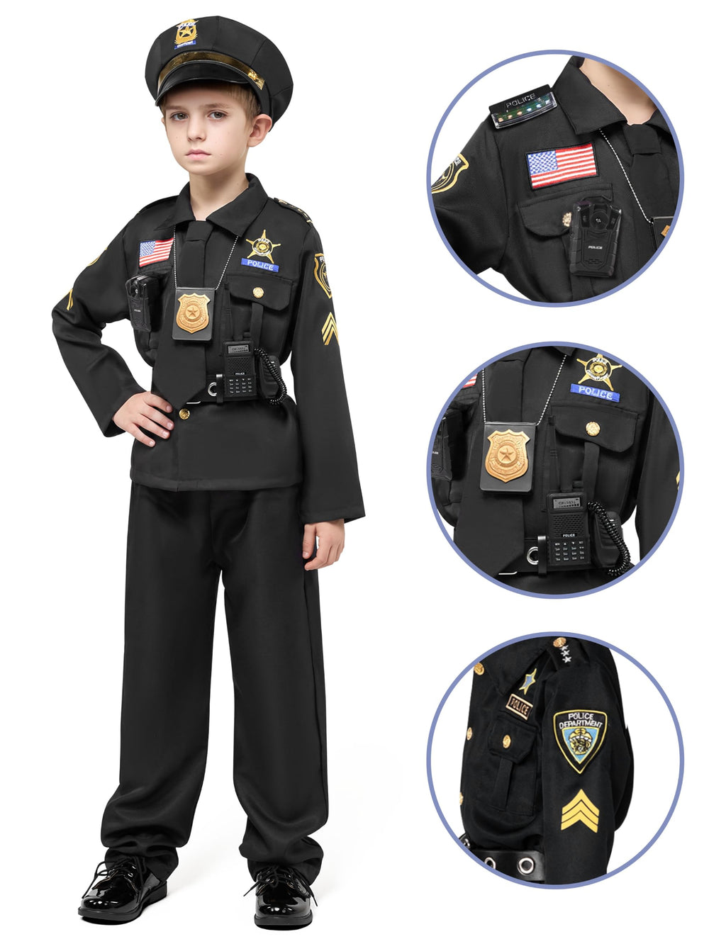 Spooktacular Creations 14PCS Halloween Police Costume for Kids, Black Police Officer Costume for Boys, Toddler Cosplay RolePlay Themed Party (Small, 5-7 yrs)