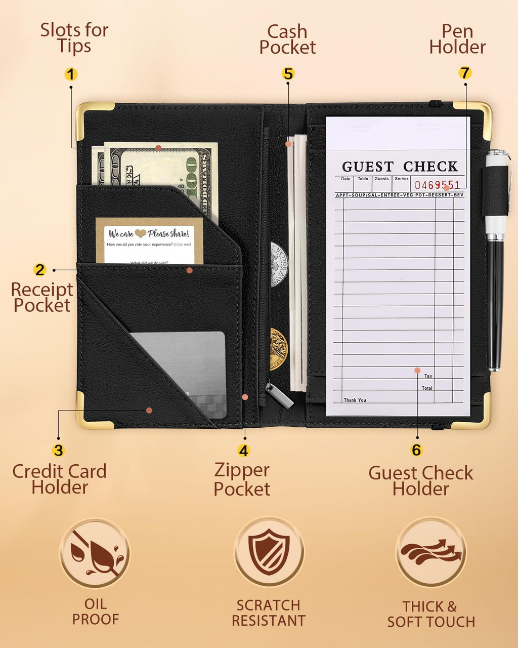 Slohif Server Book for Waitress Cute Serving Books with Zipper Pocket Accessories Leather Server Check Book Restaurant Waiter Server Booklet Organizer Ticket Book Holder Funny Y2K