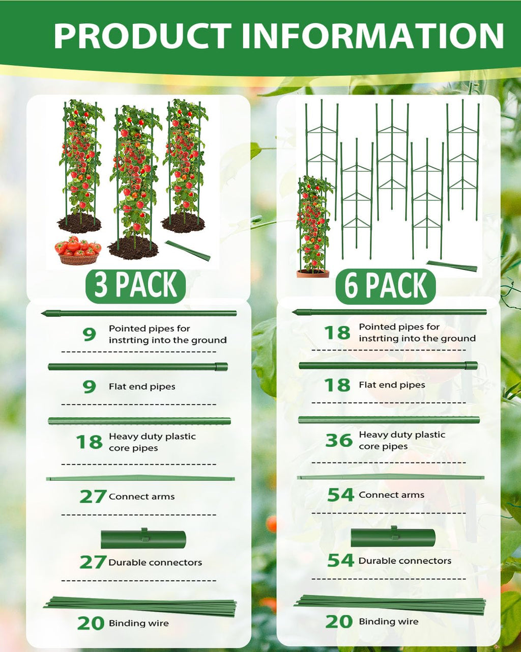 MYMULIKE 6 Pack Tomato Cages for Garden, 51in*13in Adjustable Tomatoes Plant Stakes Support Cages Trellis, Garden Trellis for Vegetable Flowers Fruits Climbing Plants- 20 Binding Wires Included