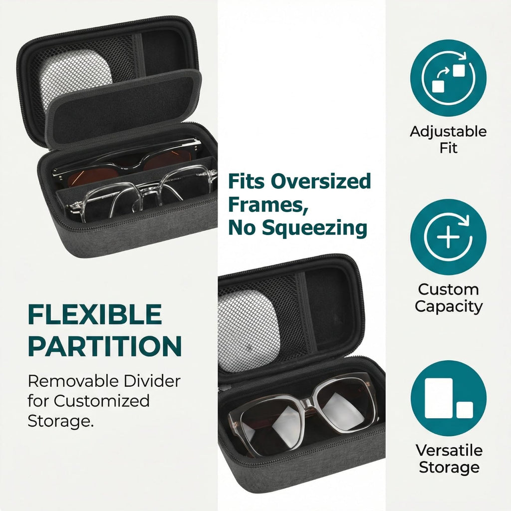 GWCASE Travel Glasses Organizer & Contact Lens Case - Adjustable Slots, Built-in Mirror, Tweezers, Solution Bottle & Hand Strap, Universal Fits Eyelasses/Sunglasses for Men & Women – Black