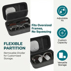 GWCASE Travel Glasses Organizer & Contact Lens Case - Adjustable Slots, Built-in Mirror, Tweezers, Solution Bottle & Hand Strap, Universal Fits Eyelasses/Sunglasses for Men & Women – Black