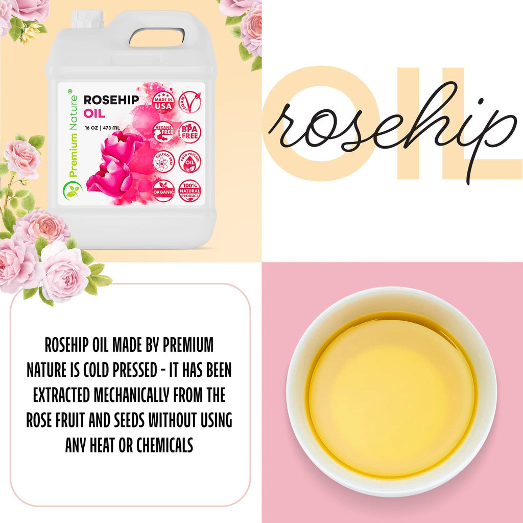Premium Nature Rosehip Seed Oil 16oz Bulk Size - Cold Pressed, Unrefined, 100% Pure Organic Carrier Oil - Moisturizing Face & Body Oil for Dry Skin, Hair Growth, Nails & Anti-Aging Skincare
