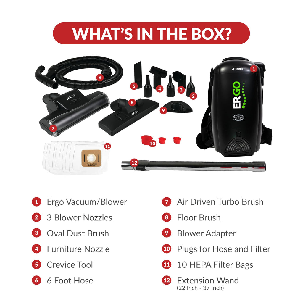 Atrix Ergo Backpack Canister Vacuum, Portable Cleaner with Attachments for Professional and Residential Use, VACBP10 Premium Bundle