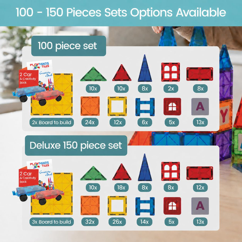 Magnetic Tiles for Kids 100-Piece Set, STEM Educational Building Blocks, Includes 2 Cars & Click-in ABC Learning Tiles, Gift for Boys & Girls, Magnetic Figures & 2 or 4 Car Set Add-Ons Available