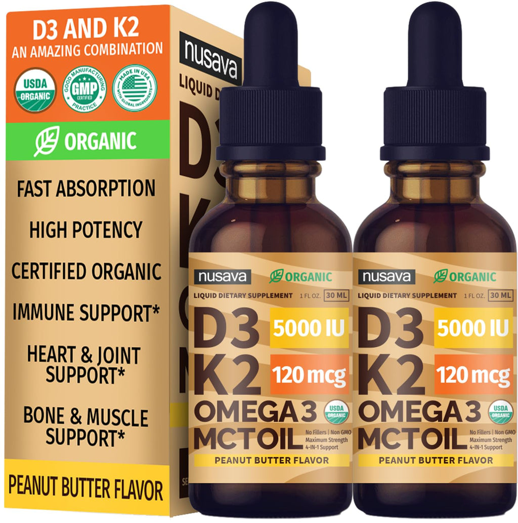 (2 Pack) Organic Vitamin D3 K2 Drops with MCT Oil Omega 3, 5000 IU, Maximum Strength Vitamin D Liquid, No Fillers, Non-GMO Liquid D3 for Faster Absorption, Immune Support (Peanut Butter, 2 Fl Oz)