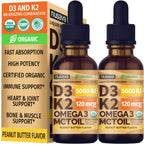 (2 Pack) Organic Vitamin D3 K2 Drops with MCT Oil Omega 3, 5000 IU, Maximum Strength Vitamin D Liquid, No Fillers, Non-GMO Liquid D3 for Faster Absorption, Immune Support (Peanut Butter, 2 Fl Oz)