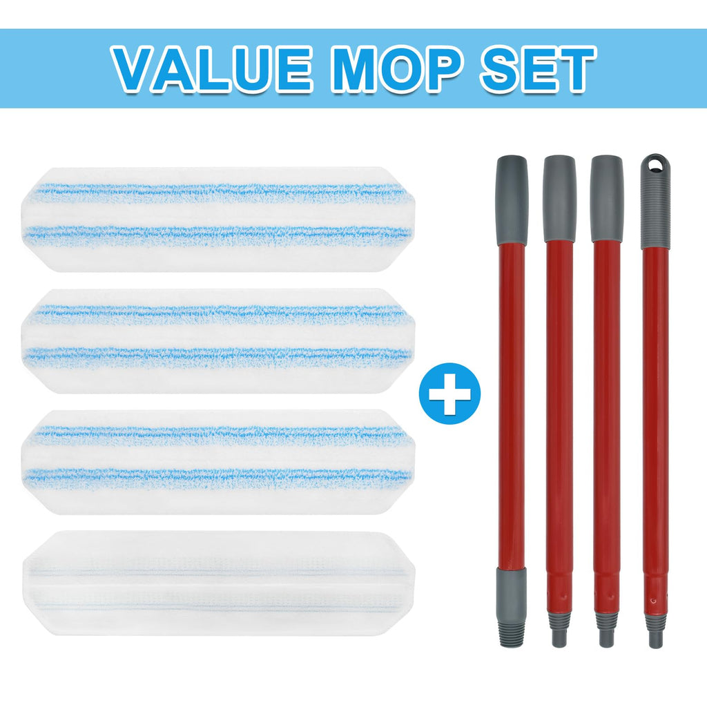 Mop Replacement Pads for Ocedar H2prO Flat Mop System, Mop Handle Mop Refills for O-Cedar H2pro Flat Mop System, Include 4 Pack Mop Pads and 4-Section Mop Handle for Ocedar H2 Pro Mop