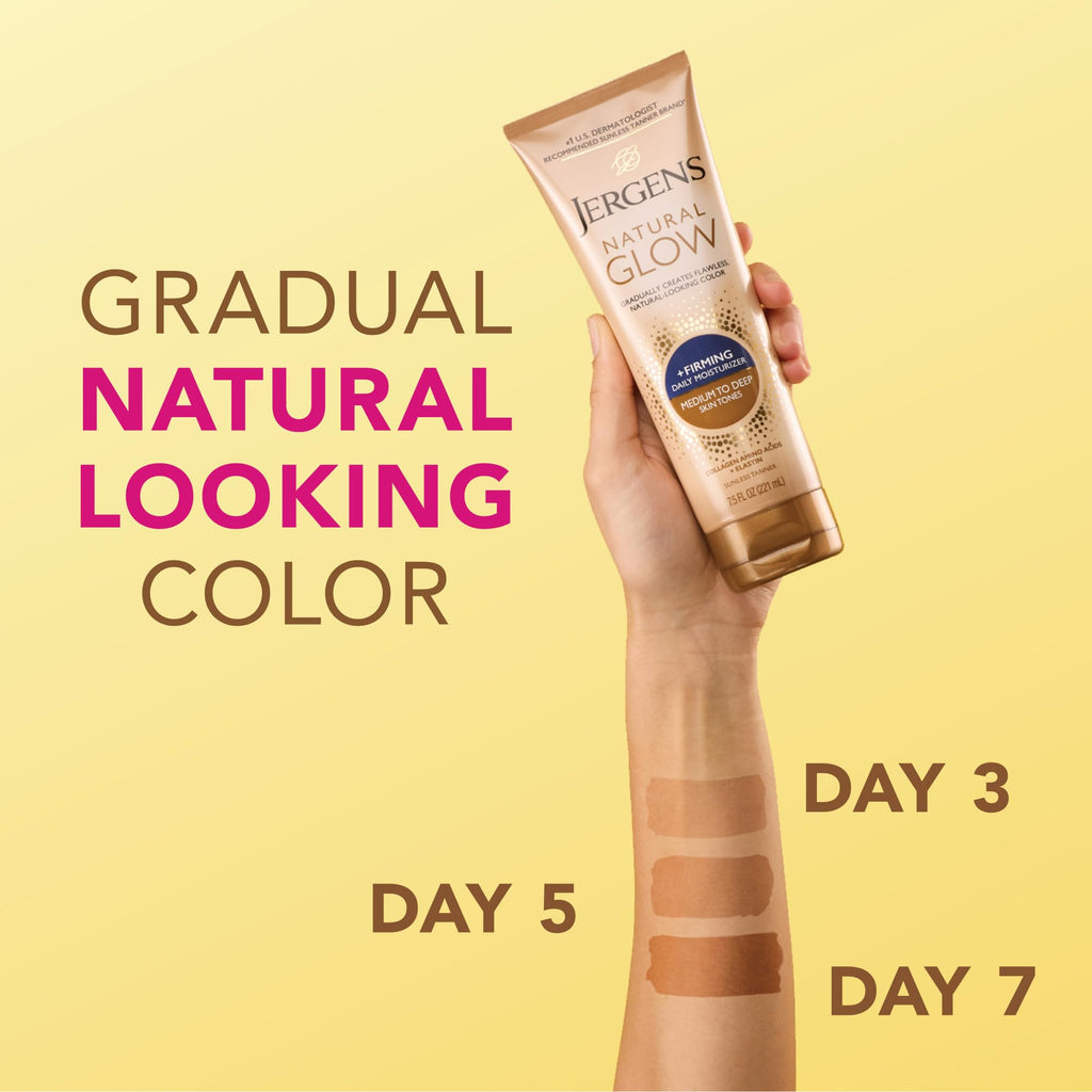Jergens Natural Glow +Firming Self Tanner Body Lotion, Medium to Deep Skin Tone, Sunless Tanning Moisturizer with Collagen and Elastin, Helps to Visibly Reduce Cellulite, 7.5 Oz, Pack of 2