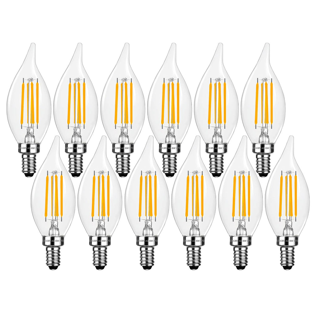 Brtstiun E12 Candelabra LED Light Bulbs Dimmable 60 Watt Equivalent, CA11 6W 2700K Soft Warm White Chandelier Candle Bulb, Small Base Decorative Flame Tip Clear Bulbs for Bedroom, Kitchen, 12 Pack
