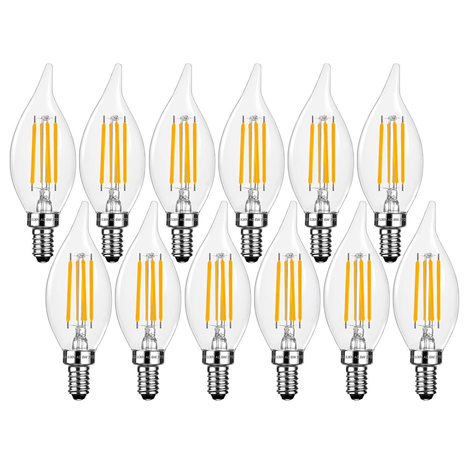 Brtstiun E12 Candelabra LED Light Bulbs Dimmable 60 Watt Equivalent, CA11 6W 2700K Soft Warm White Chandelier Candle Bulb, Small Base Decorative Flame Tip Clear Bulbs for Bedroom, Kitchen, 12 Pack