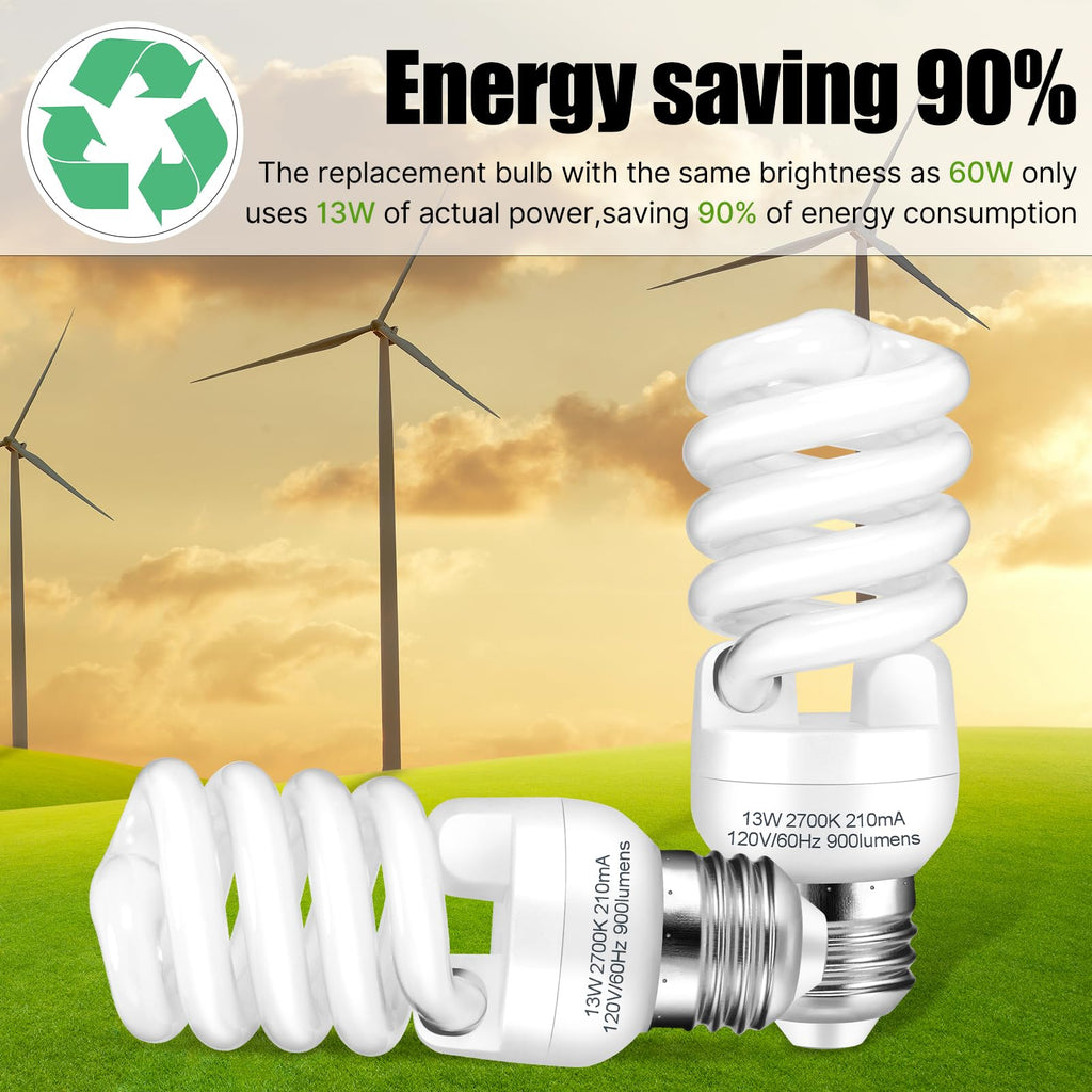 Barfelty CFL Light Bulbs E26 Base, T2 Spiral 13Watt (60Watt Equivalent) Soft White 2700K 900lm Compact Fluorescent Light Bulbs, UL Approved, 120v 60Hz, Self Ballasted CFL Bulbs, Pack of 12