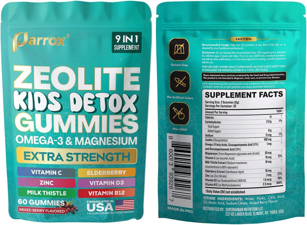 Parrox Zeolite Kids Detox Gummies, 9-in-1 Extra Strength with Zeolite, Omega-3, Magnesium, Elderberry, Vitamin C, Milk Thistle, Vitamin D3, Zinc, B12 – Sugar-Free (Mixed Berry Flavor - 2 Pack)