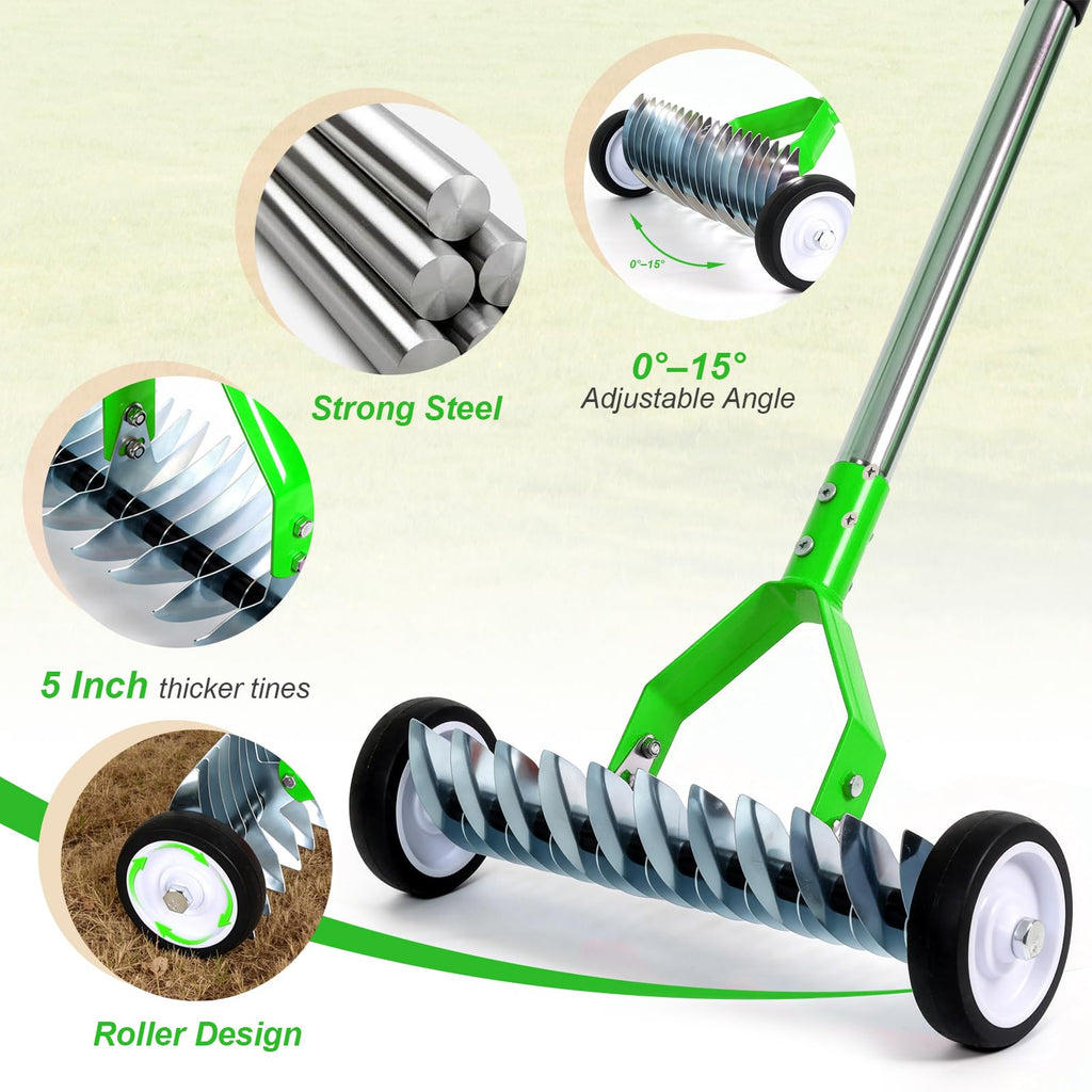 Thatch Rake,15-Inch Dethatcher Rake with Wheels,Dethatching Rakes for lawns