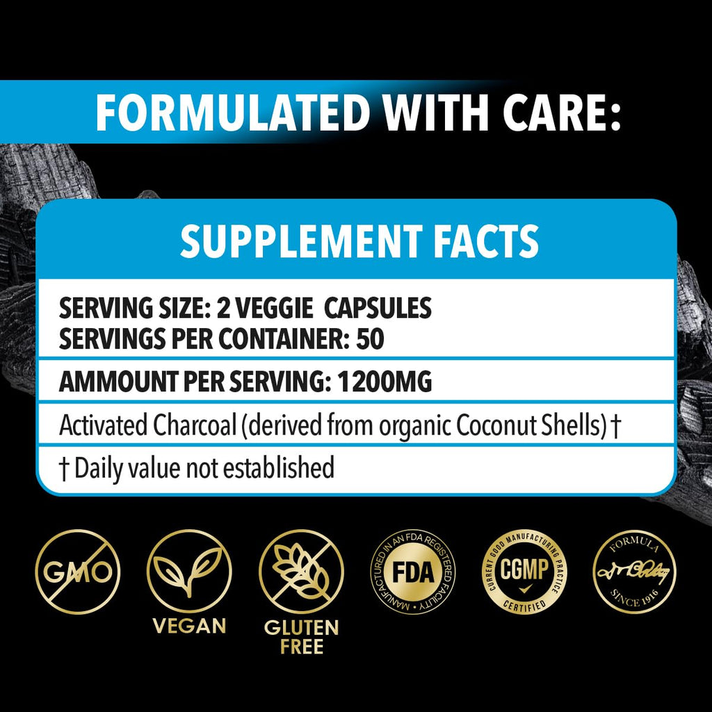 Dr. Robaina Activated Charcoal Capsules 1200 mg – Coconut-Shell Carbon for Gas & Bloating Relief, Digestive Comfort & Next-Morning Support – Vegan • Non-GMO – 100 Count, USA Made