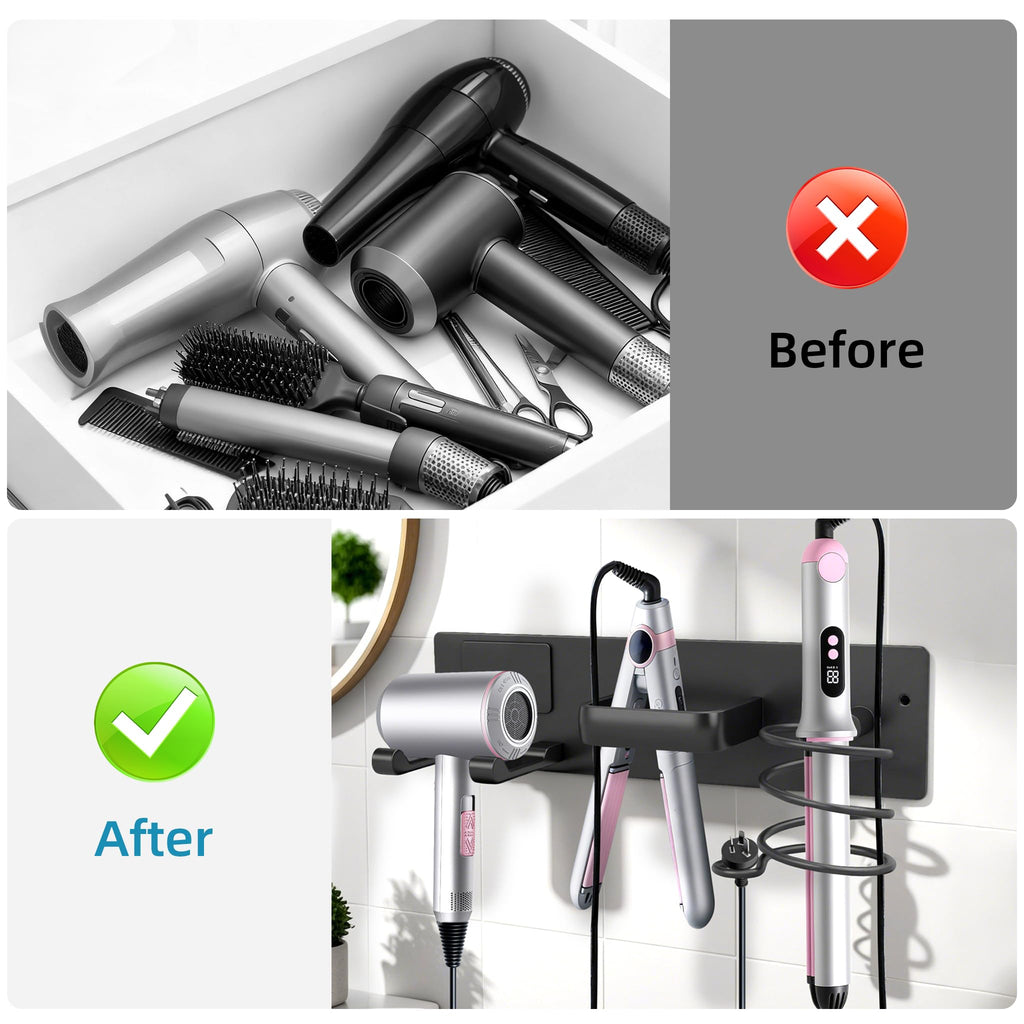 Dovyn Blow Dryer Holder Wall Mount, 3 in 1 Bathroom Hair Tool Organizer with Curling Iron Holder & Flat Iron Holder, Universal Hair Dryer Holder Rack Storage Matte Black