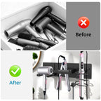 Dovyn Blow Dryer Holder Wall Mount, 3 in 1 Bathroom Hair Tool Organizer with Curling Iron Holder & Flat Iron Holder, Universal Hair Dryer Holder Rack Storage Matte Black