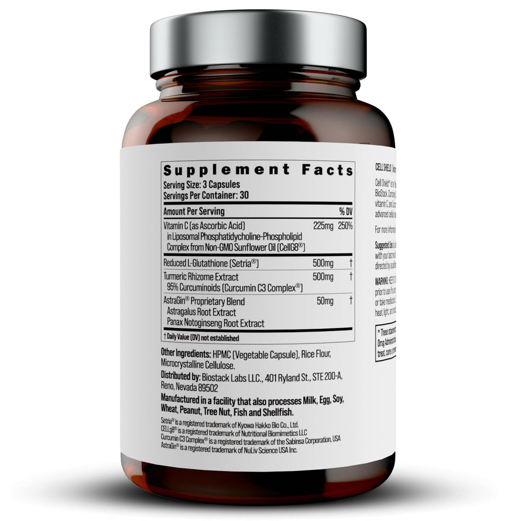 BIOSTACK Cell Shield with Setria Glutathione | Liposomal Supplement with Vitamin C, Turmeric, and C3 Curcumin Complex | Pure Reduced L-Glutathione 500mg