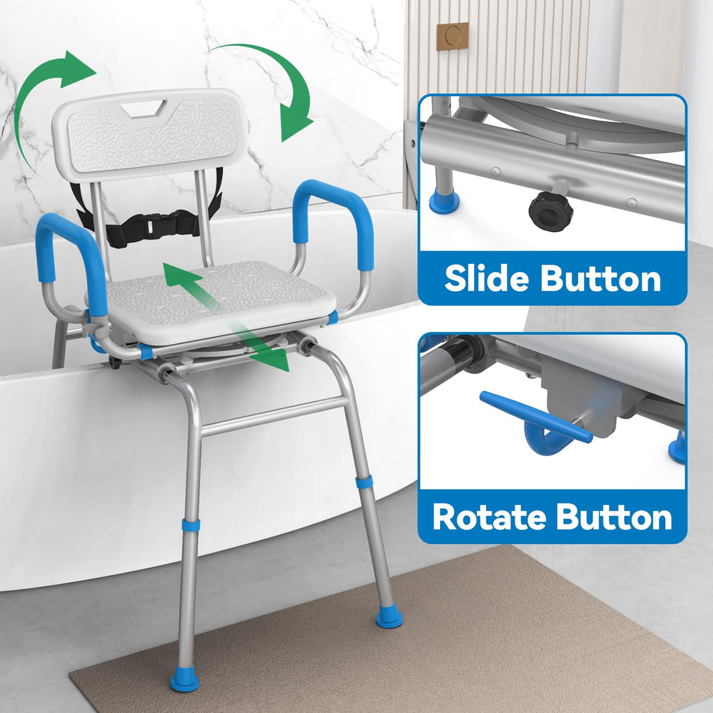 Loyoda FSA/HSA Eligible Sliding Shower Chair Tub Transfer Bench for Bathtub with Swivel Seat, Shower Bench with Pivoting Arms, Height Adjustable Shower Seat, 350 lbs,White&Blue,Standard