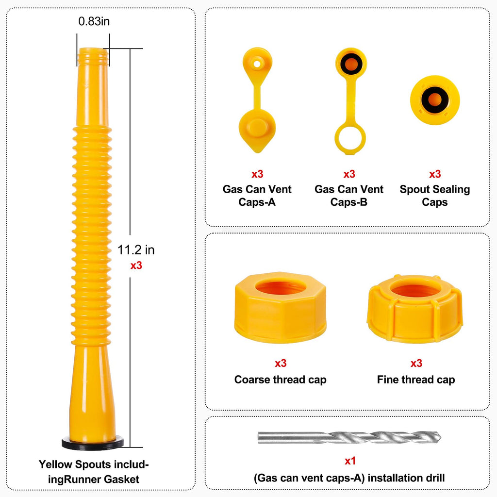 Gas Can Spout Replacement Extra Long, Our gas can nozzle is 11.2in long, (3 in longer than standard nozzles) Gas can nozzle (3 Pack-Yellow) for 1/2/5/10 gal oil cans. Replacement gas can spout