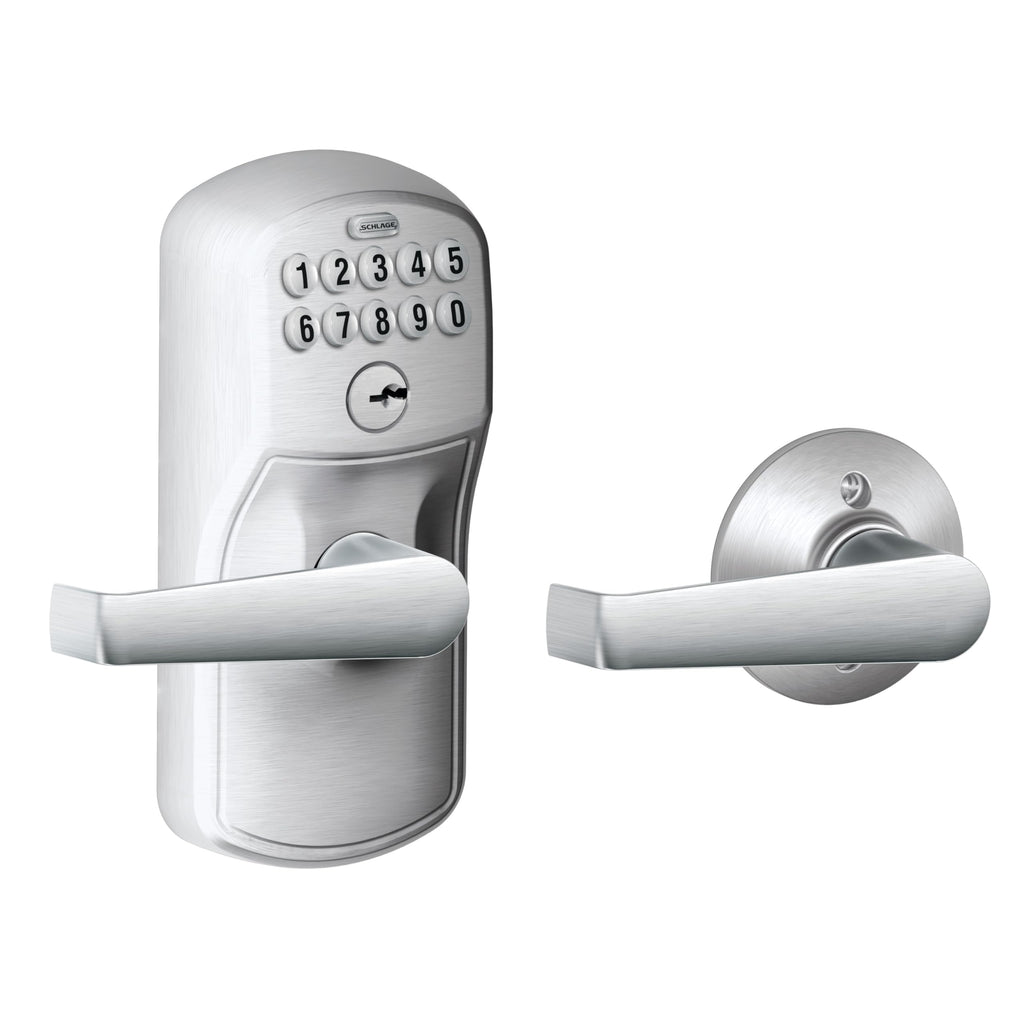 Schlage Plymouth Keypad Lock with Lever Handle, Electronic Keyless Door Entry, Auto‑Lock Enabled, Satin Chrome, FE575 PLY 626 ELA