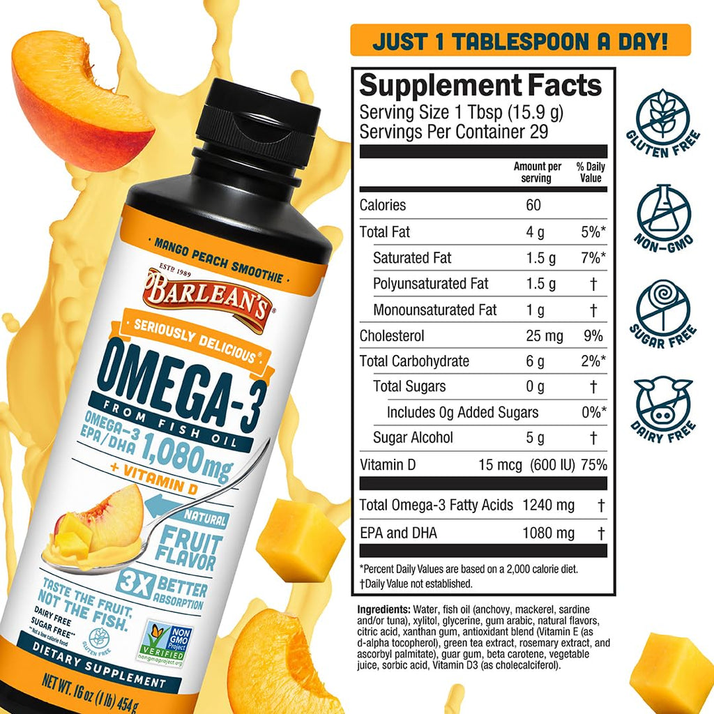 Barlean's Omega 3 Fish Oil Liquid Supplement with Vitamin D for Men and Women, 1080mg of EPA and DHA Fatty Acid, Promotes Brain & Heart Health - Non-GMO, Mango Peach, 32 oz