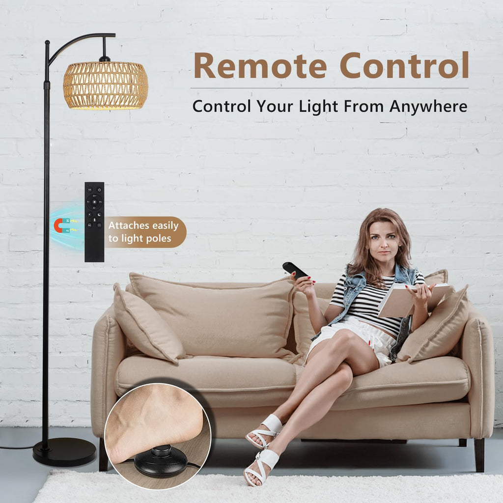 Arc Floor Lamp with Remote Control, Dimmable LED Floor Lamp with 3 Color Temperature, Black Standing Lamp with Rattan & Fabric Double Drum Shade, Boho Farmhouse Tall Pole Lamp for Living Room Bedroom