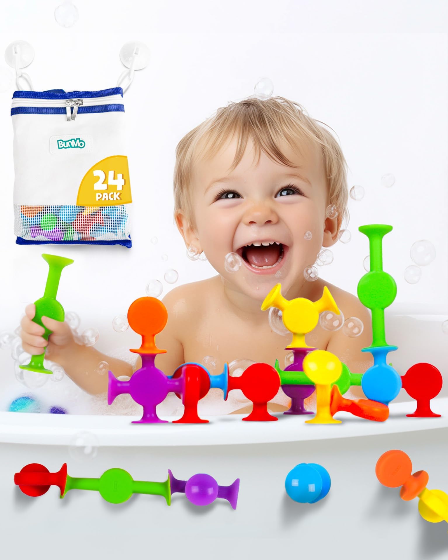 BUNMO Bath Toys Suction - Connect, Build, Create - Toddler Bath Toys - Hours of Fun & Creativity - Fine Motor Skills - Stimulating Sensory Toys - Non-Mouthable Toy 3+ - Smooth 24 Pack