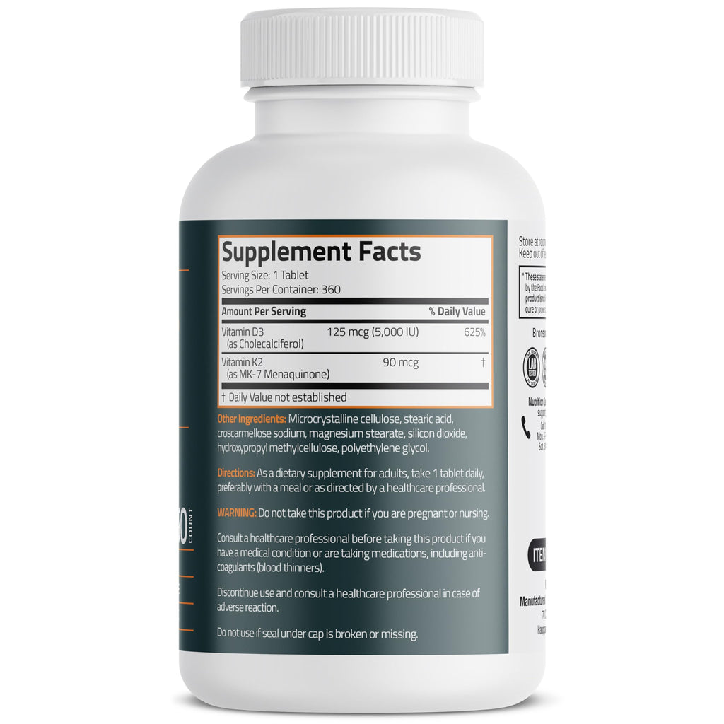 Bronson Vitamin K2 D3 (MK7) Supplement Non-GMO Formula Vitamin D3 5000IU (125 mcg) & 90 mcg K2 MK-7, Easy to Swallow D & K Complex, 360 Tablets