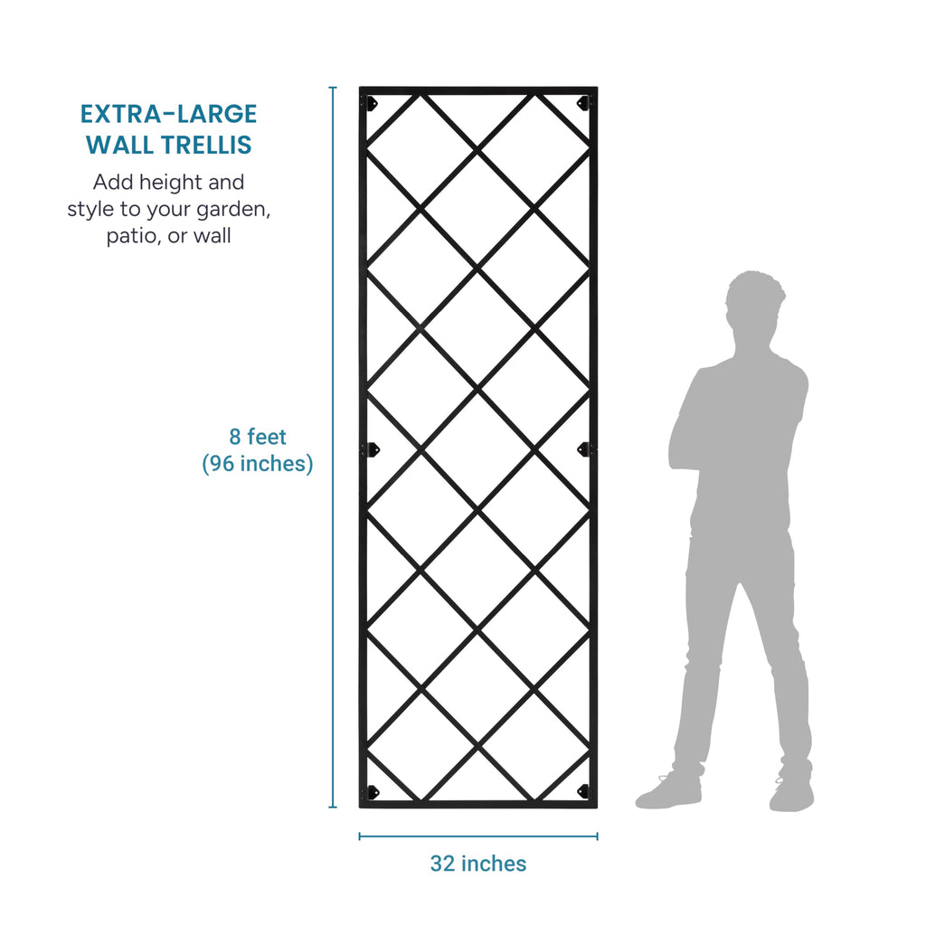Giant Wall Trellis, 8 Foot Tall (96” high by 32” Wide), for Outdoor Climbing Plants, Sturdy Rectangular Shaped Metal Frame with Lattice Design