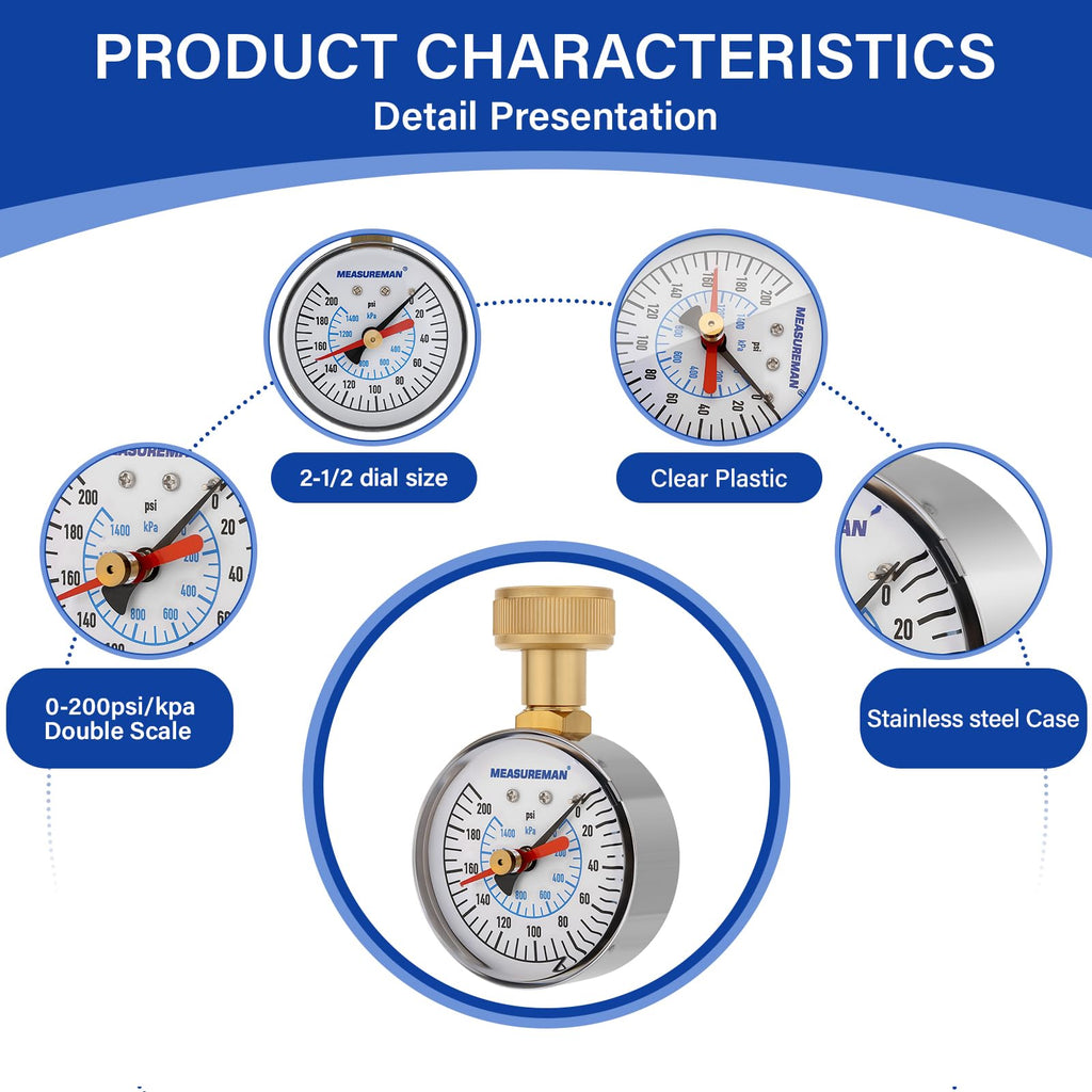 MEASUREMAN 0-200 PSI Water Pressure Gauge with Lazy Hand, 2-1/2'' Dial, Lead-Free, Stainless Steel Case, 3/4” Hose Thread, Water Pressure Gauge for Home