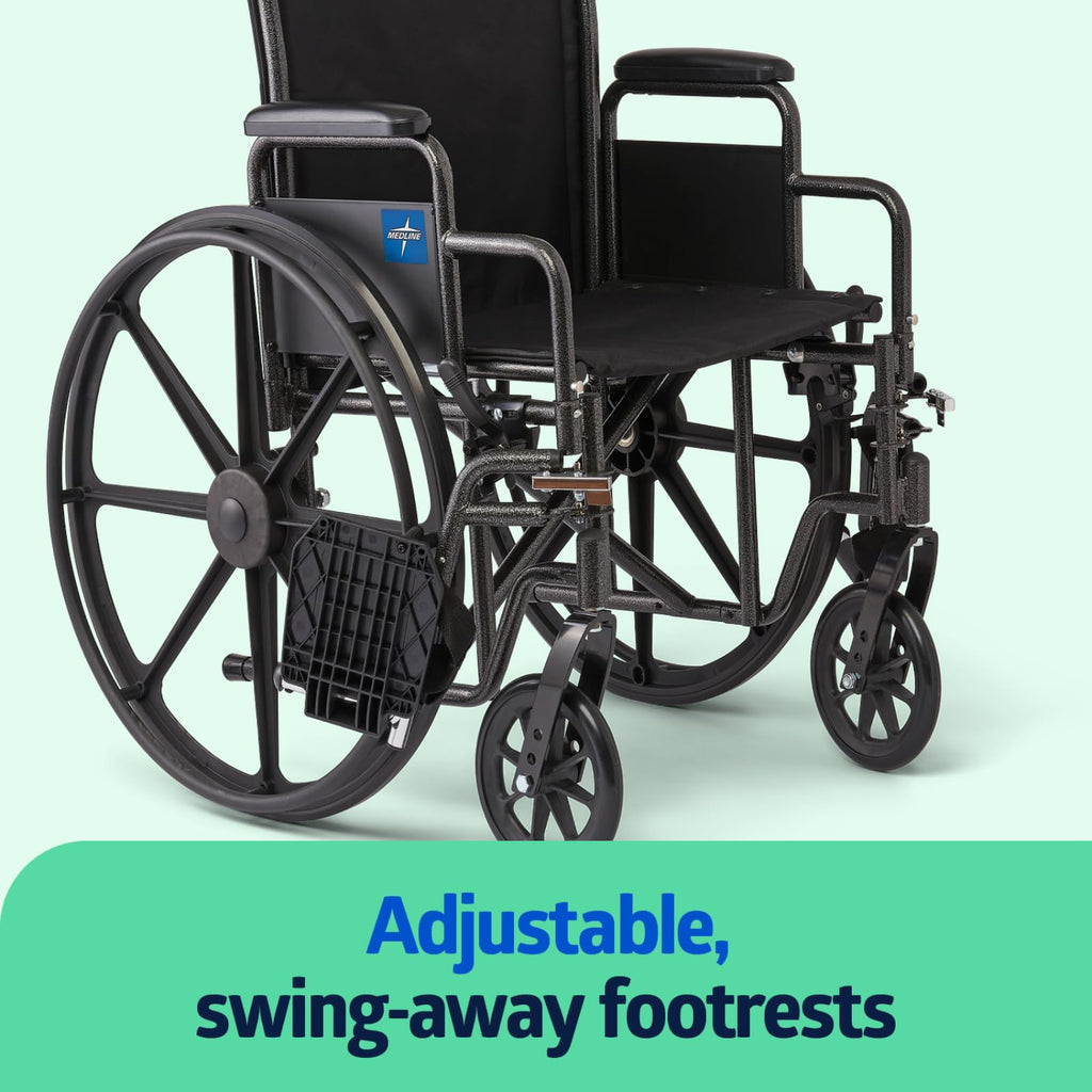 Medline Comfortable Folding Wheelchair with Swing-Back Desk-Length Arms and Swing-Away Footrests, 18”W x 16X”D Seat