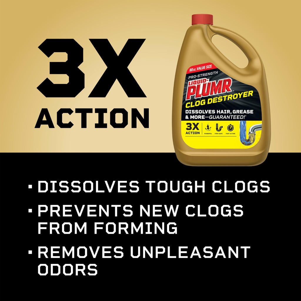 Liquid-Plumr Pro-Strength Full Clog Destroyer, Bathroom & Kitchen Sinks, Shower and Tub Drain, Safe for Pipes, Liquid Drain Cleaner, 80 Fluid Ounces