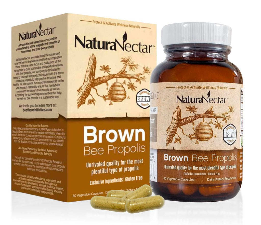 NaturaNectar - Brown Bee Propolis - NSF Contents Certified - Premium Brazilian Propolis - Gluten-Free Supplement with Flavonoids, FLAV-B and PWE - Naturally Sourced Through Ethical Beekeeping (60pcs.)