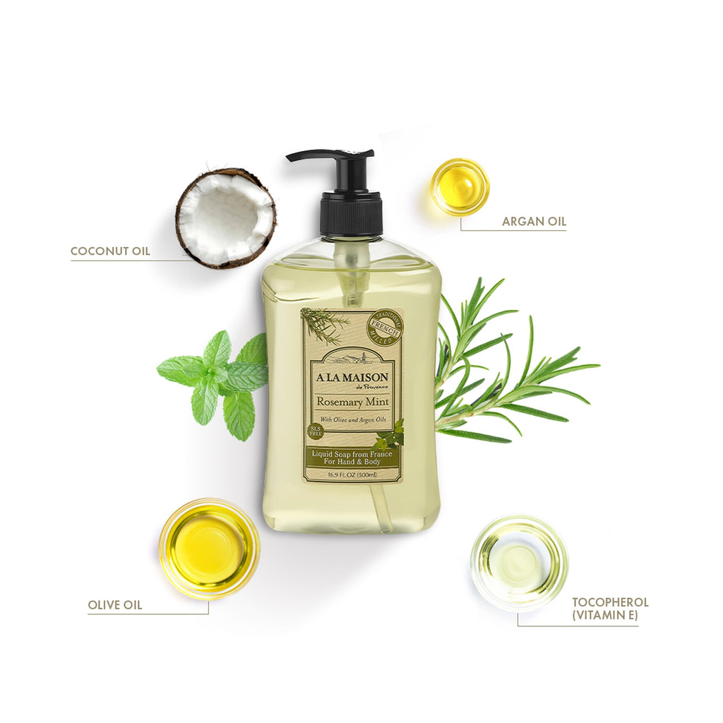 A LA MAISON Rosemary Mint French Liquid Hand Soap - Natural Hand Wash Made with Essential Oils - Biodegradable, Plant-Based, Vegan, Cruelty-Free, Alcohol & Paraben Free (16.9 oz, 3 Pack)