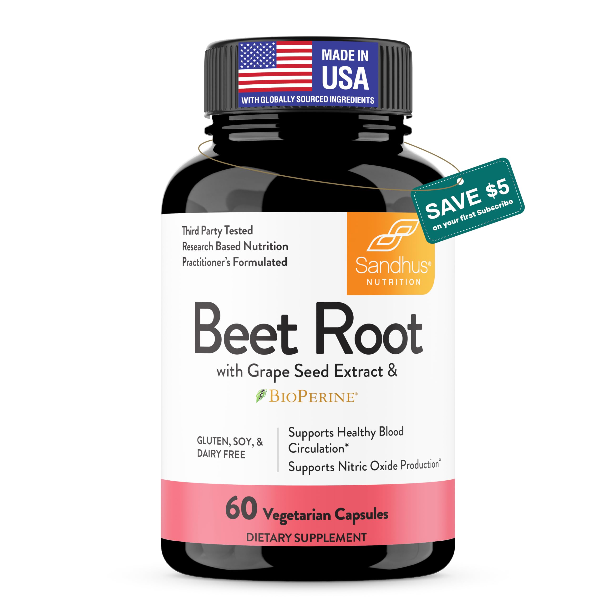 Sandhu's Beet Root Capsules 1200mg with BioPerine & Grape Seed Extract – Nitric Oxide Support Endurance – 60 Caps 30-Day Supply – Made in USA