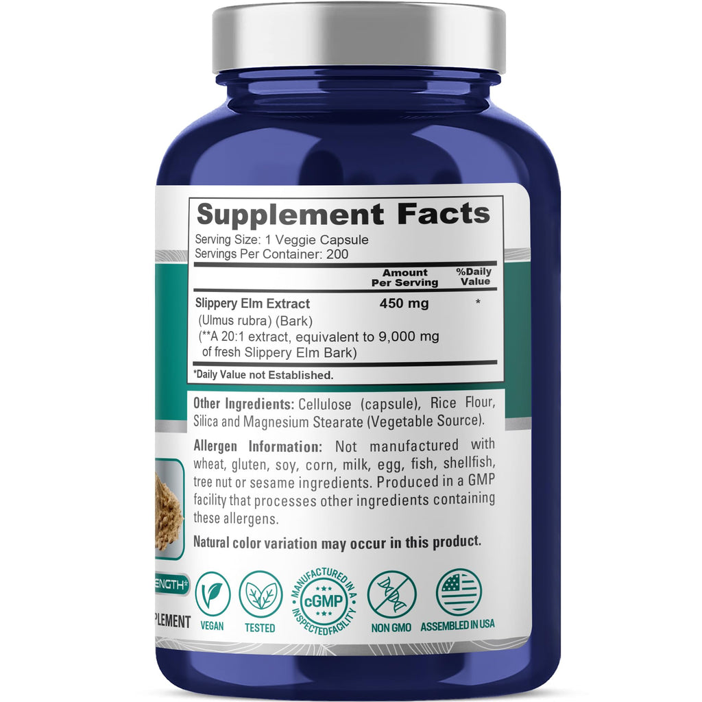 NusaPure Slippery Elm Bark Capsules, 450 mg, 200 Veg Capsules (Non-GMO, Vegan)