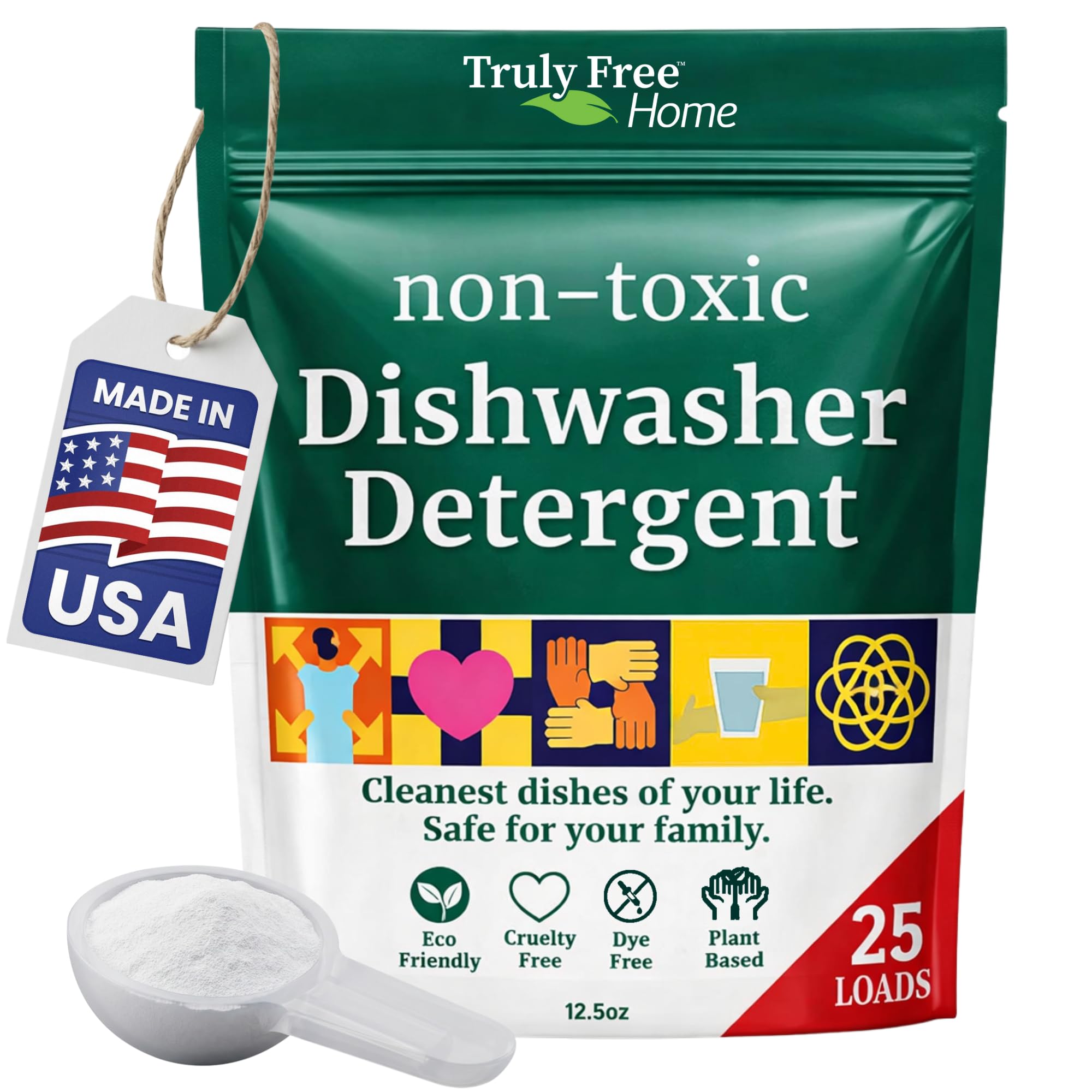 Truly Free Dishwasher Detergent Powder | Natural Dish Detergent, Dishwasher Soap | Plastic Free, Plant-Based, Clean, Heavy Duty Hard Water Stain & Grease Remover | Fragrance Free | 12.5 oz (Pack of 3)