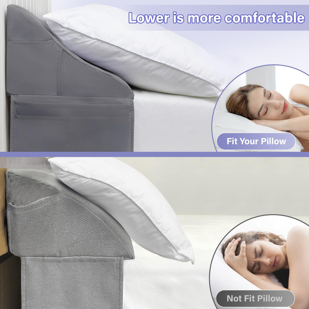 Vekkia Queen Bed Wedge Pillow for Headboard Gap – 0–6" Mattress Gap Filler with Supportive Comfort Foam & Large Side Pockets – Prevents Lost Pillows & Items, Washable Cover (Gray 60"x10"x7")