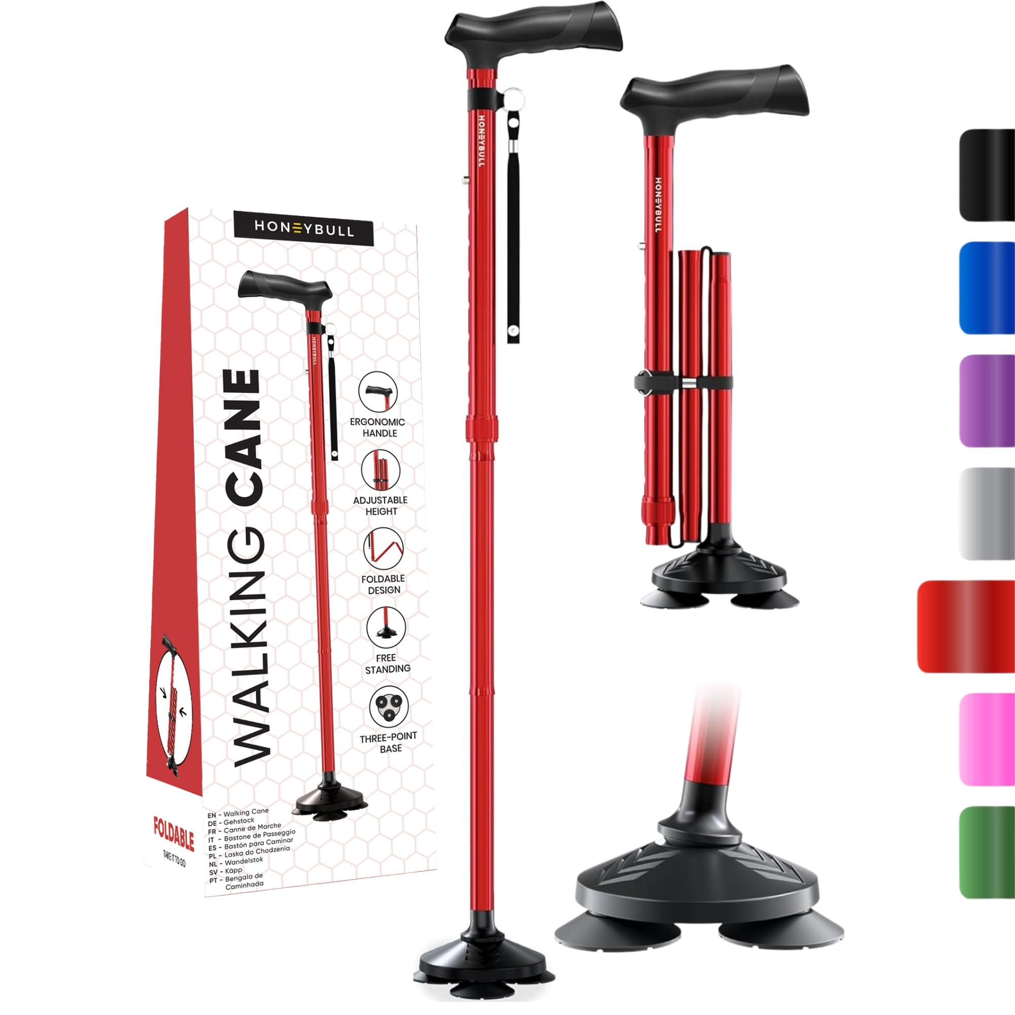 HONEYBULL Walking Cane for Men & Women Foldable, Adjustable, Heavy Duty, Free Standing, All Terrain, Collapsible Walking Sticks for Seniors & Adults (Red)