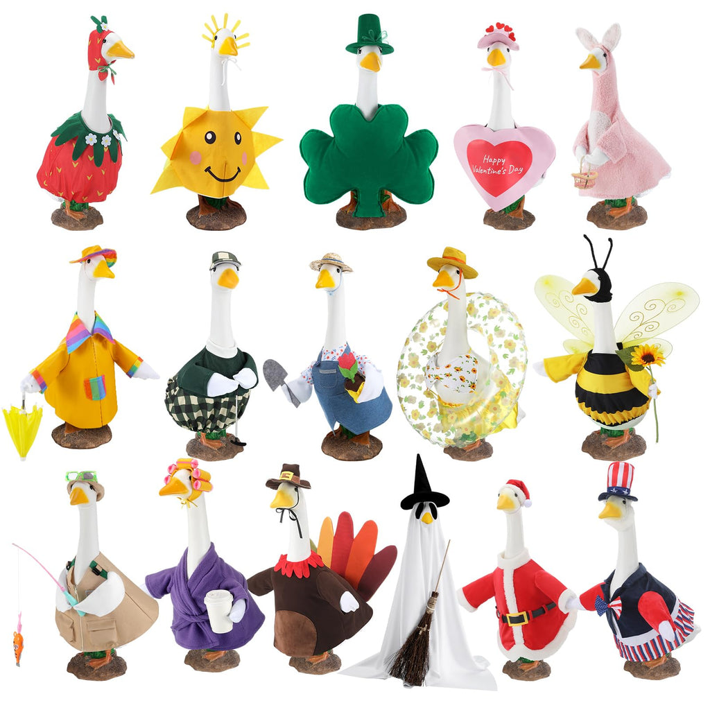 SilTriangle 16 Set Holiday Porch Goose Outfits All Seasons Bundle for Summer Hawaiian 4th of July Halloween Christmas St. Patrick Easter Valentine Concrete Porch Goose Clothes for Patio Yard Lawn