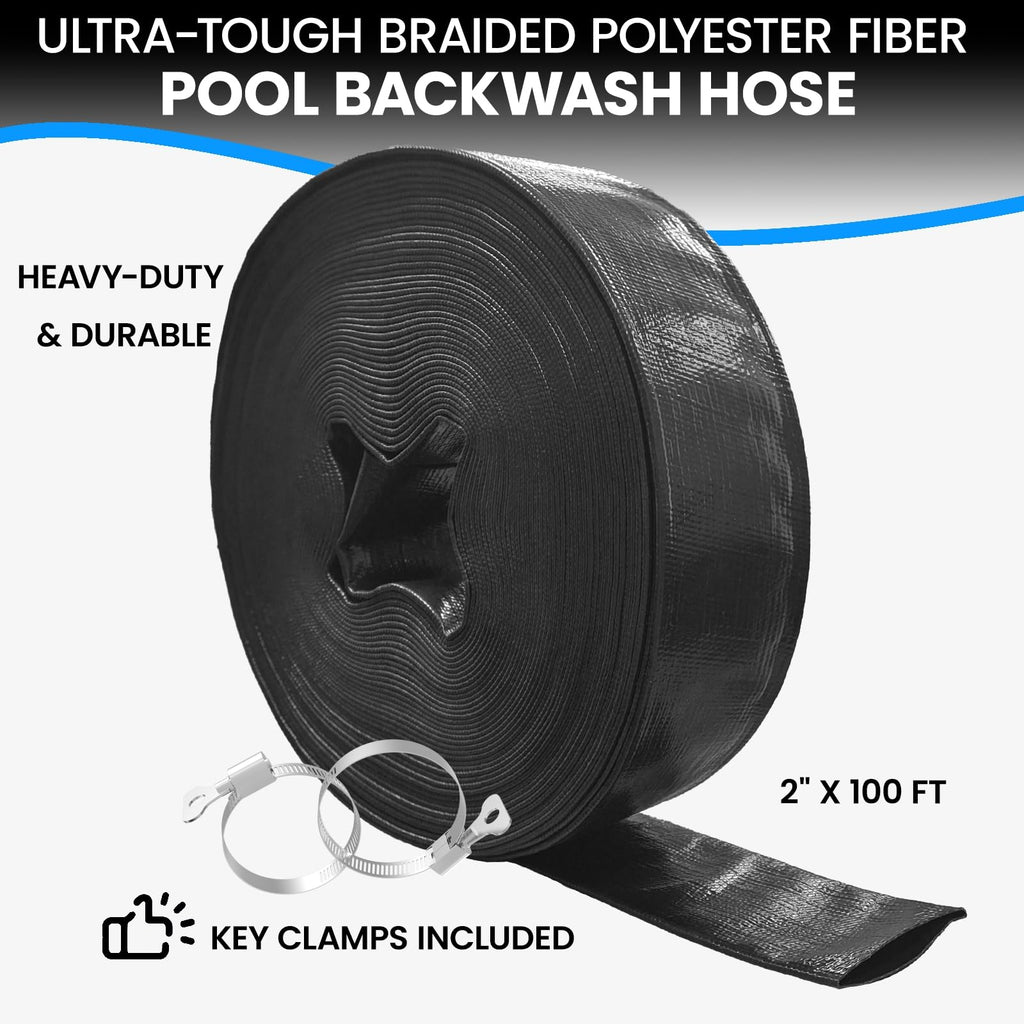 Poolvio Backwash Hose 2" x 100 ft, Heavy-Duty Lay-Flat Reinforced PVC Discharge Hose with 2 Stainless Steel Thumb Screw Clamps, Leak-Resistant for Inground & Above-Ground Pool Filters