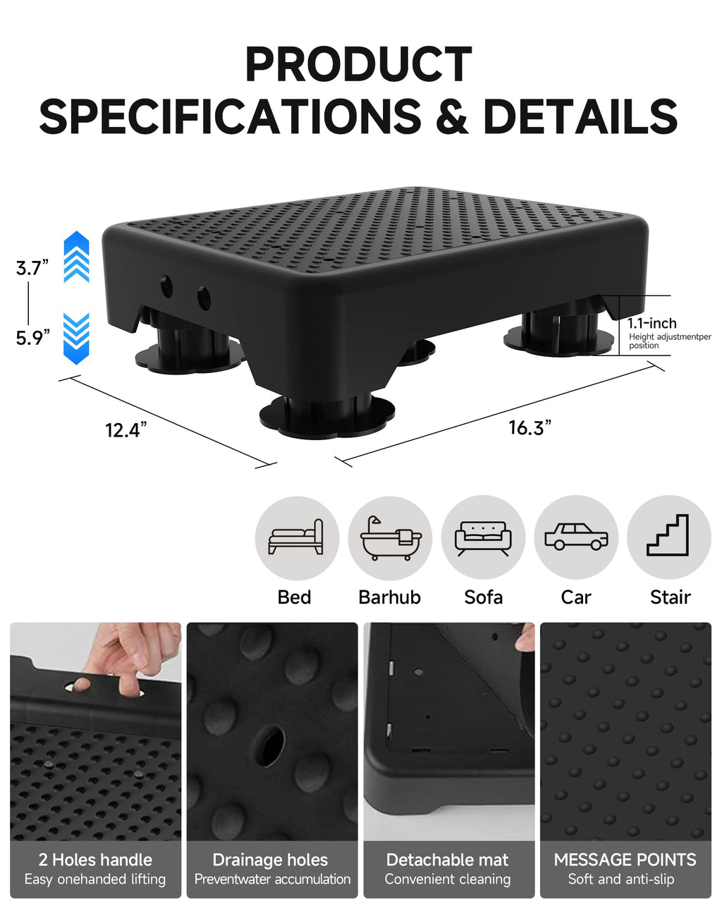 LIFTOZA Adjustable Step Stool for Adults, Bed Step Stools, 600 LBS Capacity Safety Wide Step Platform, Indoor and Outdoor Steps for Seniors, Non-Slip Stepping Stool Elderly Assistance, Black