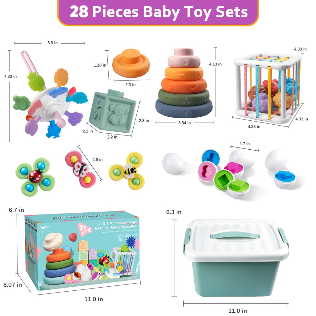 Weilim Baby Toys for 6 to 12 Months, Montessori Sensory Bins & Teething Toys, 6 in 1 Stacking Blocks, Rings, Eggs, Spinner, Crab Shape, 27 Pieces, Ages 6-36 Months